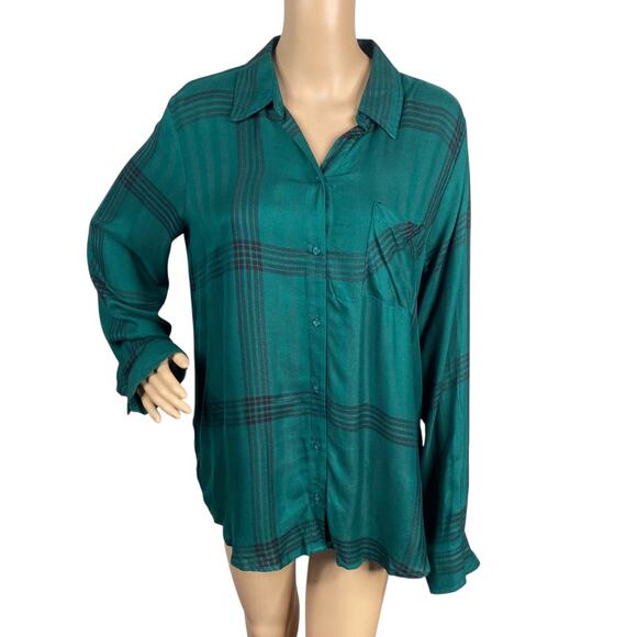 NWT A.N.A. Forest Green Black Plaid Button Down Tunic Shirt SZ L - Picture 1 of 6